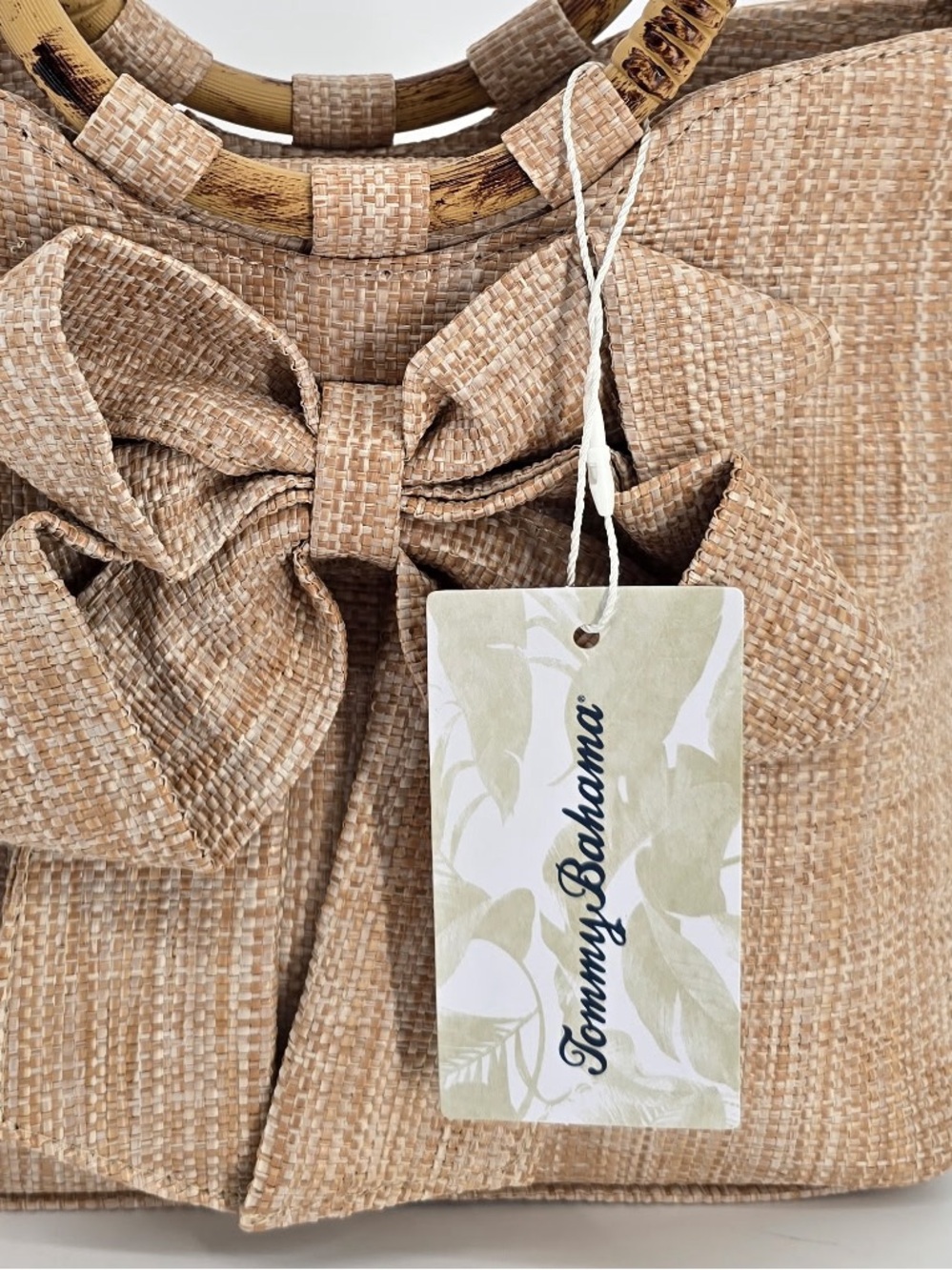 Tommy Bahama Beige Straw Mini Tote with Bow and Bamboo Handles